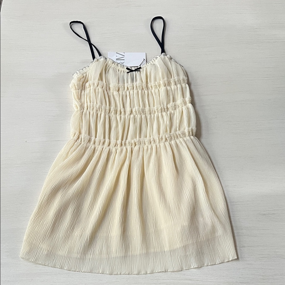 Zara Cream Crinkle Babydoll Dress with Black Trim